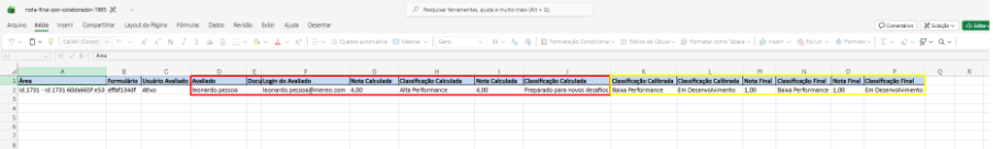 Imagem B6
Exportação “nota-final-por-colaborador”: colunas de Nota Calculada, Classificação Calibrada e Nota/Classificação Final.
